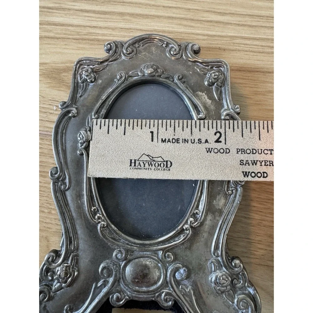 Ornate Silver Tone Oval Photo Frame Roses Floral Scroll Easel Back Victorian